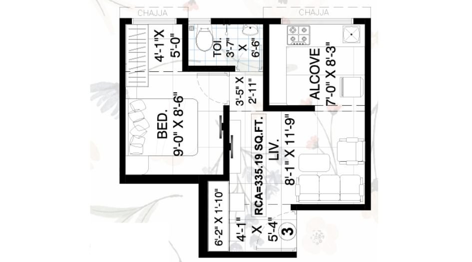 GS-Pearl-Floor-Plan-1 BHK- 335 Sqft